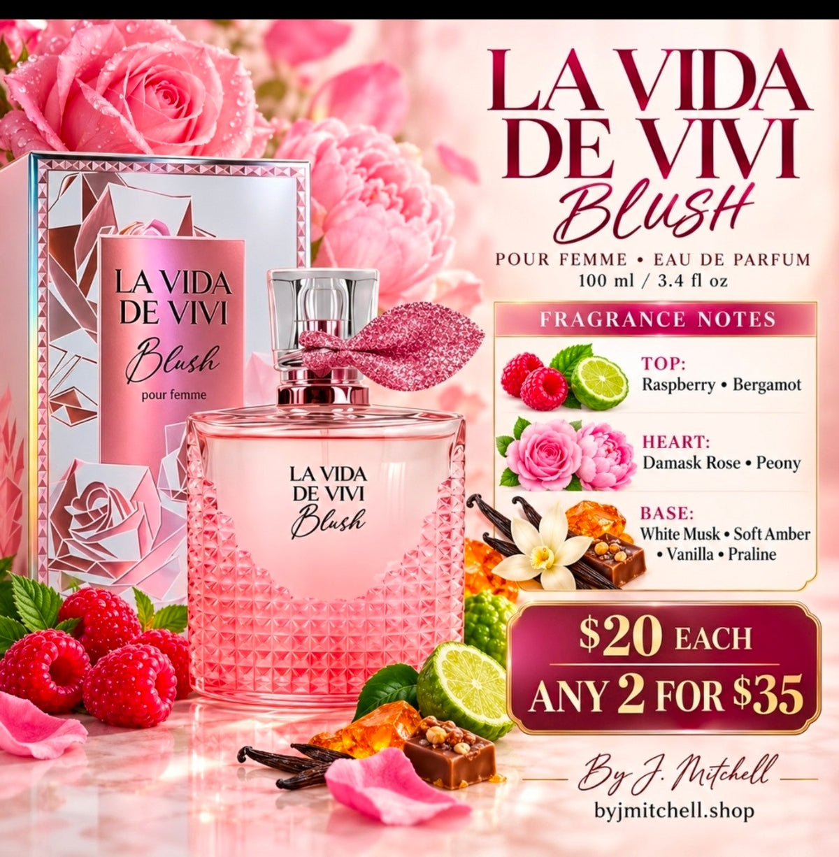 La Vida de Vivi Blush Pour Femme fragrance notes and $20 each or 2 for $35 promo