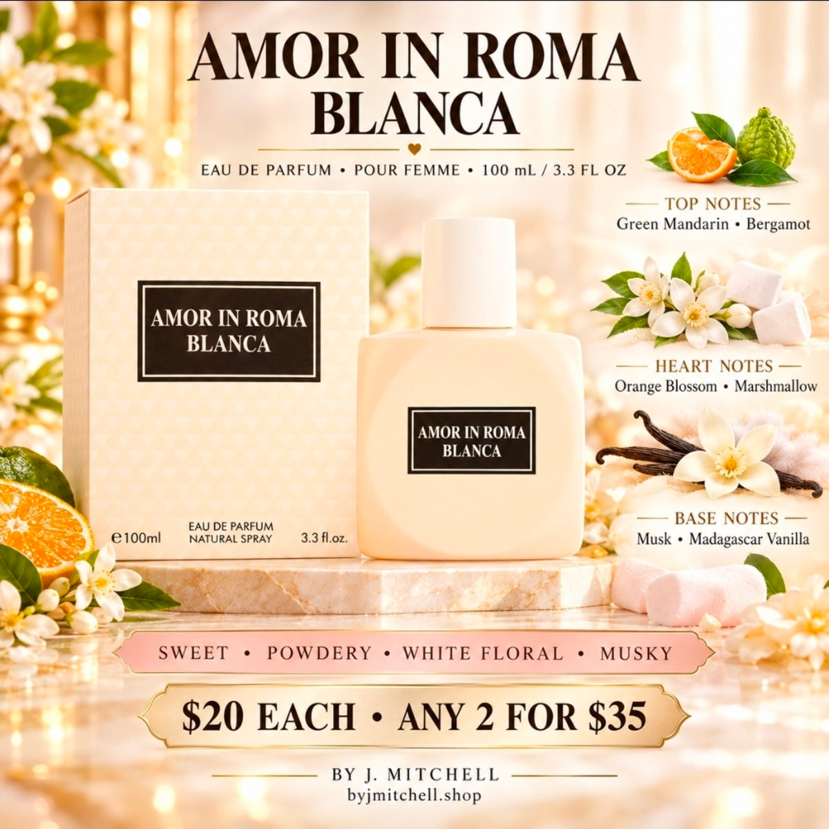 Amor In Roma Blanca Eau de Parfum for women with fragrance notes