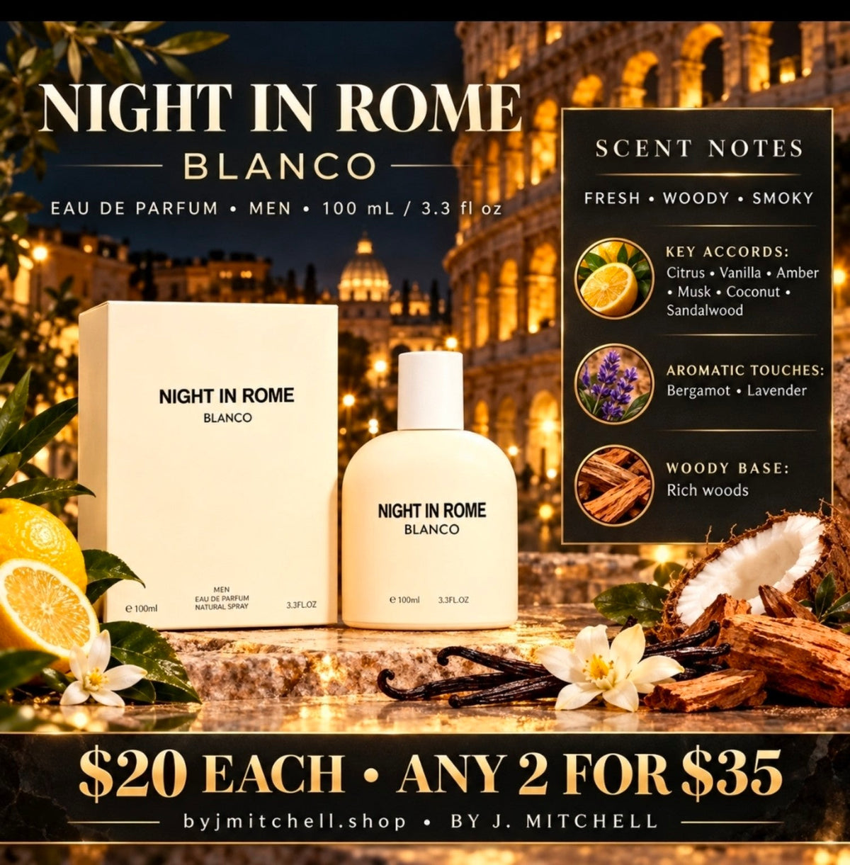 Night in Rome Blanco Eau de Parfum for Men notes and $20 promotion