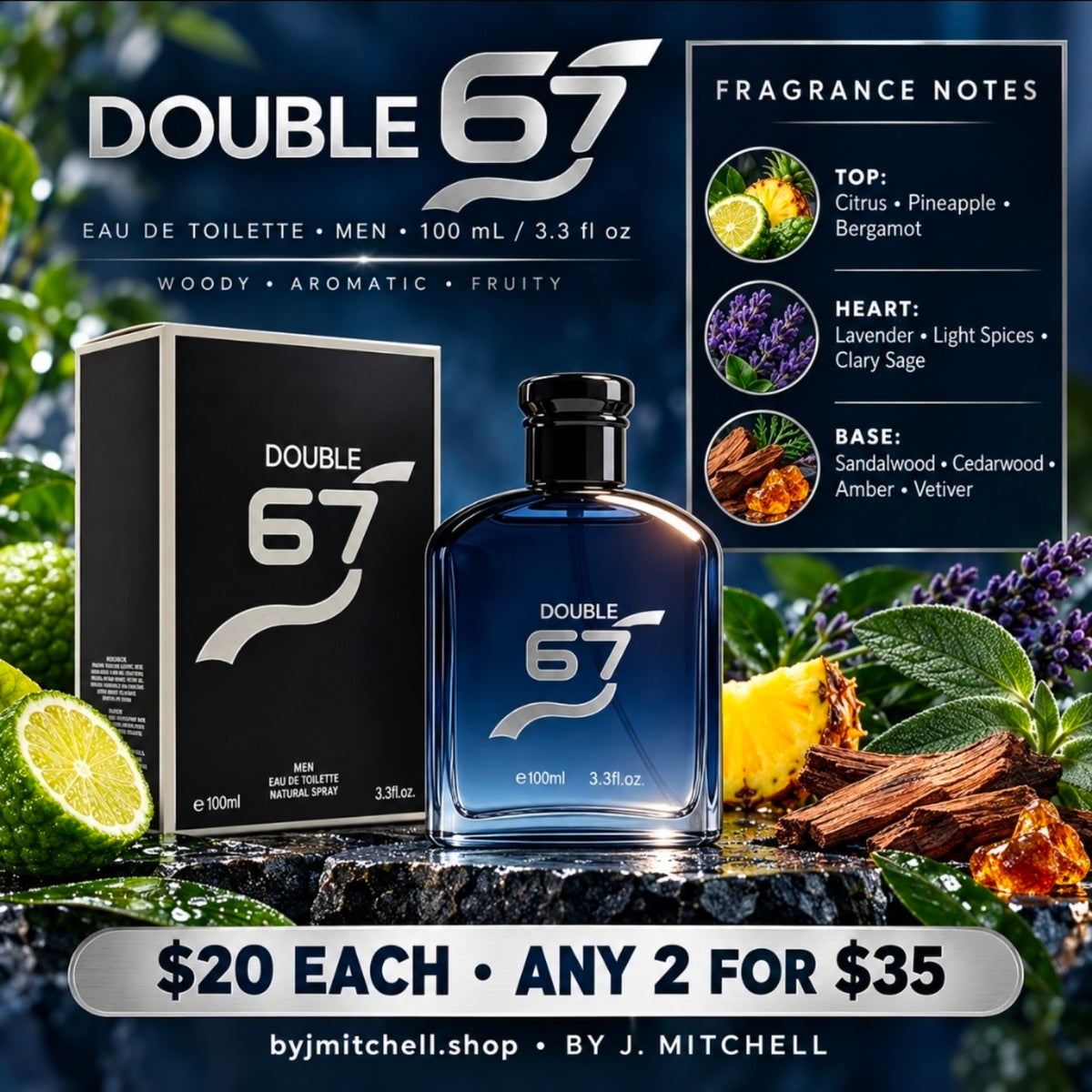 Double 67 EDT for Men with citrus, pineapple, bergamot, lavender, clary sage, cedar, amber and vetiver notes