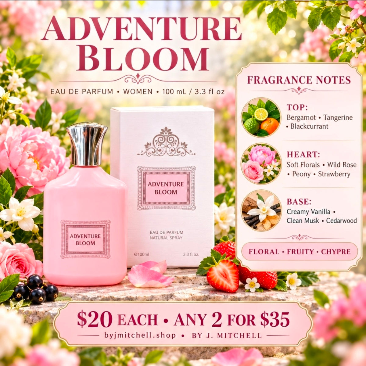 Adventure Bloom Eau de Parfum for Women with fragrance notes and $20 offer