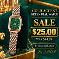 Gold-accent green-dial bracelet watch sale graphic, $25 originally $44.95