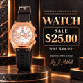 Rose-gold watch with white dial and black band, sale $25 originally $44.95
