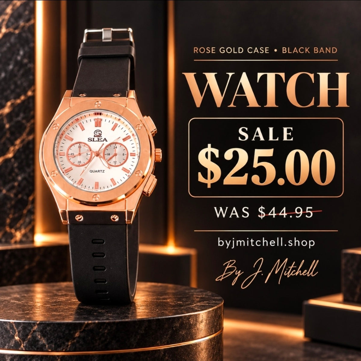 Rose-gold watch with white dial and black band, sale $25 originally $44.95