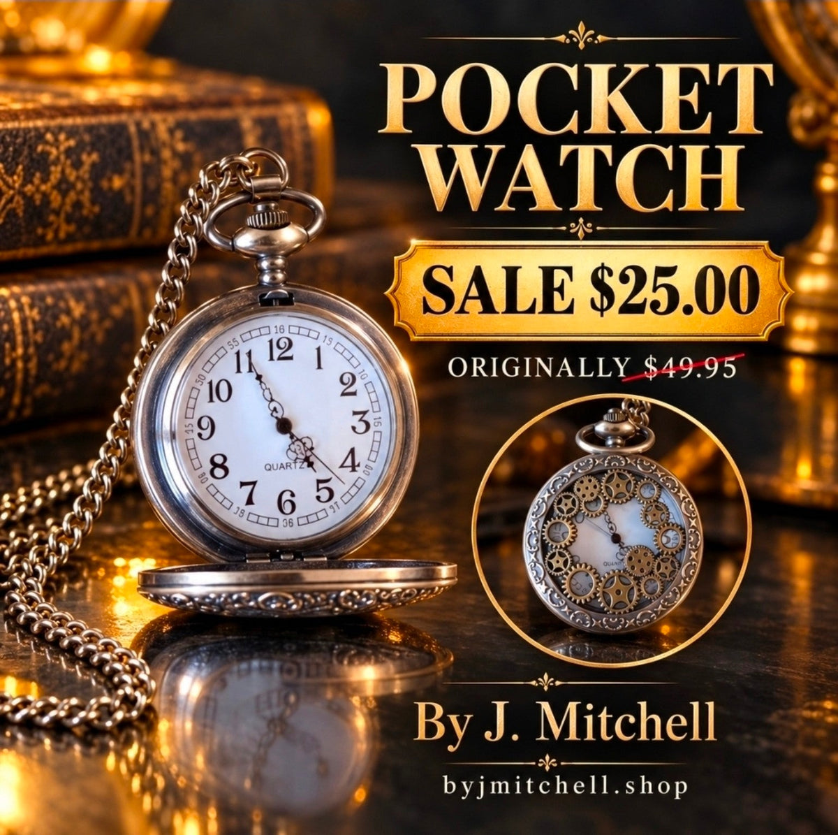 Silver pocket watch promotional sale graphic: $25, originally $49.95