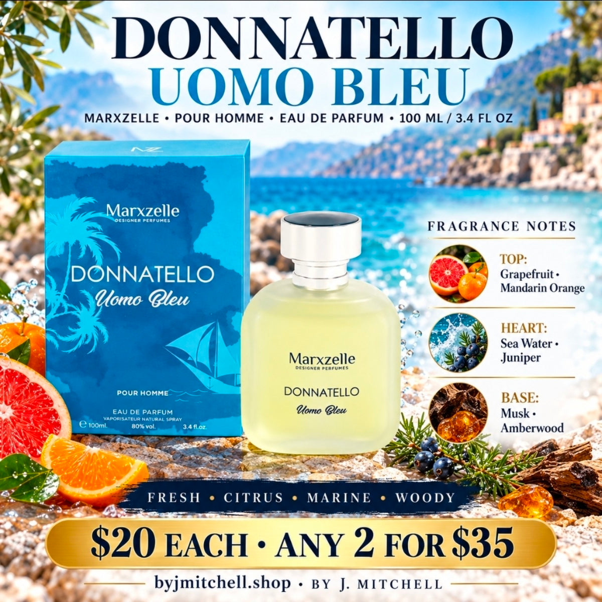 Marxzelle Donnatello Uomo Bleu Eau de Parfum for men with fragrance notes, 100 ml