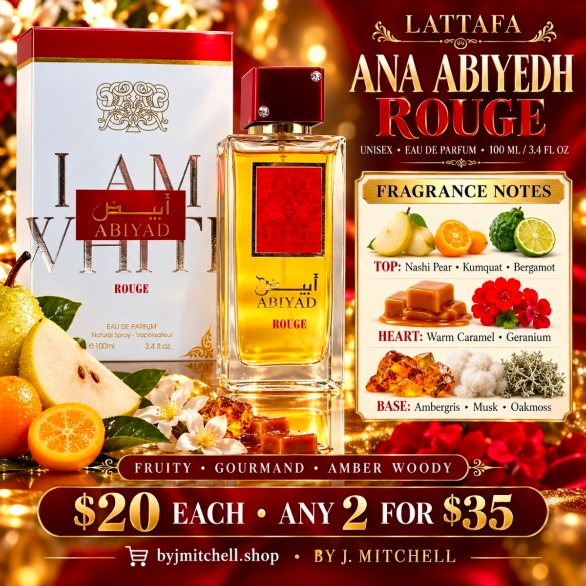 Lattafa Ana Abiyedh Rouge 100 ml Eau de Parfum — fragrance notes and $20 each, any 2 for $35