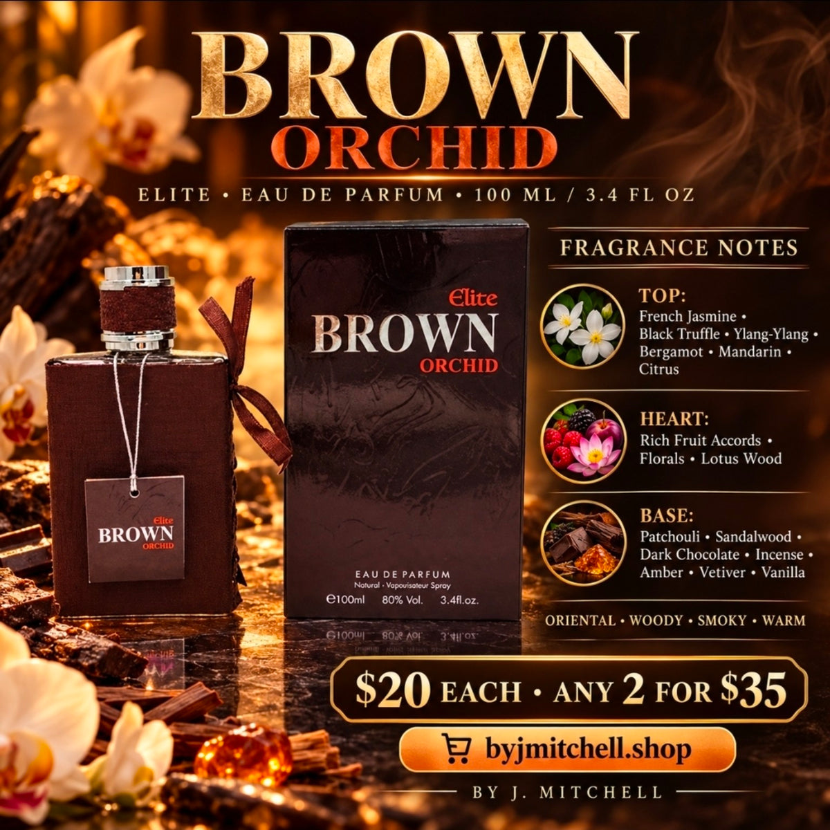 Brown Orchid Elite Eau de Parfum, 100 ml, with fragrance notes and $20 each / any 2 for $35