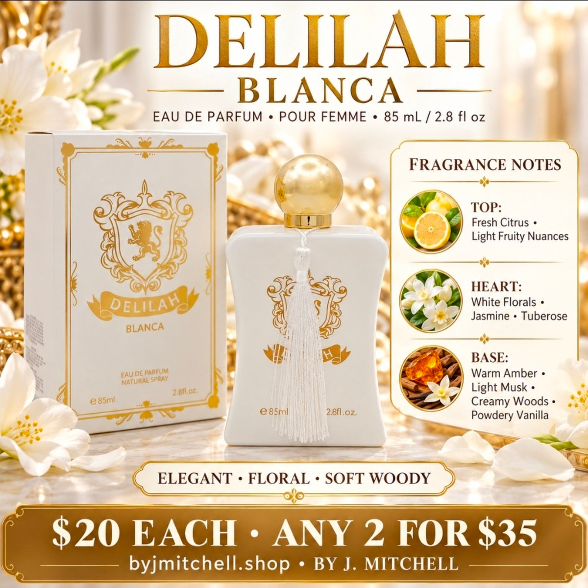 Delilah Blanca Eau de Parfum, fragrance notes, $20 each