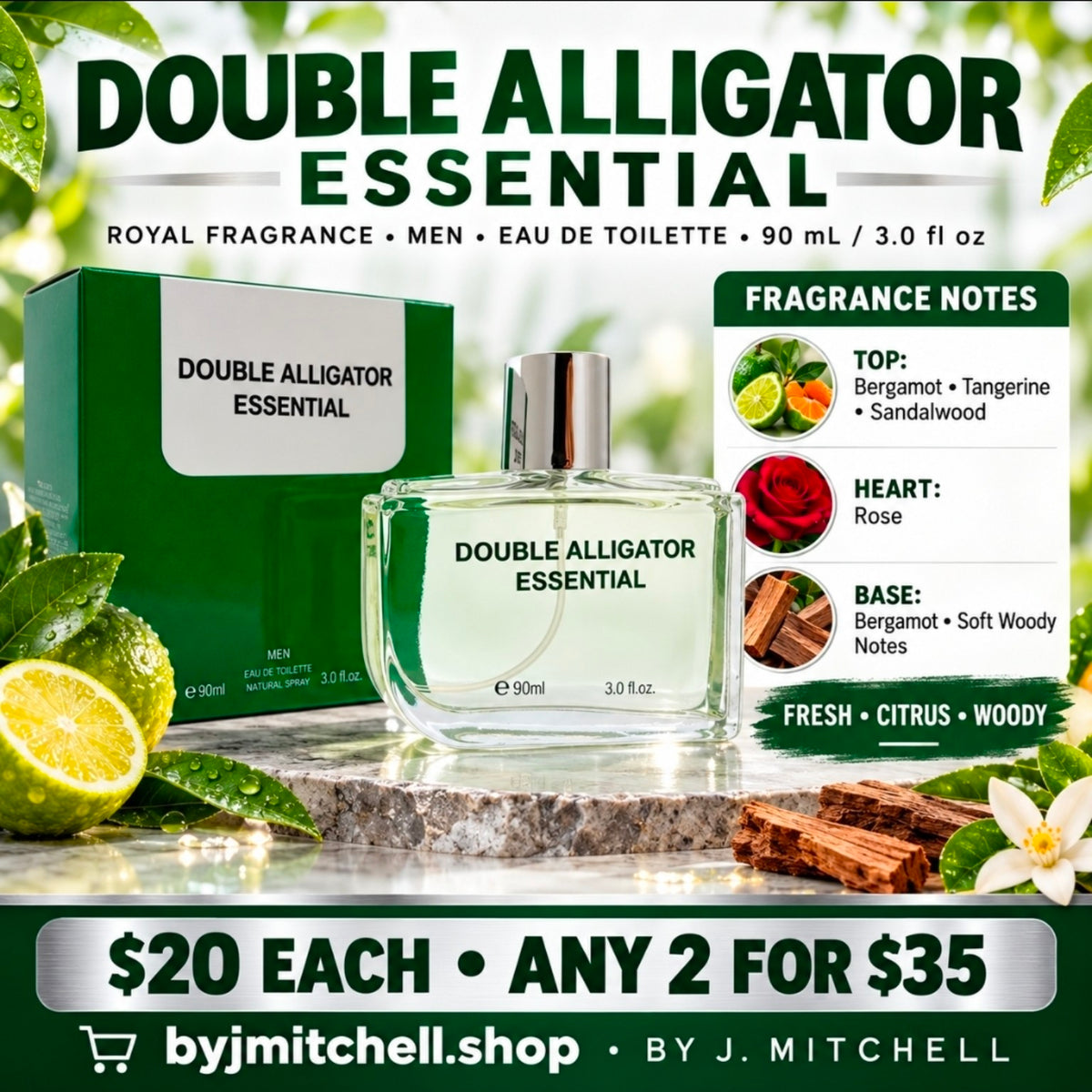 Double Alligator Essential men's Eau de Toilette with fragrance notes and store promotion