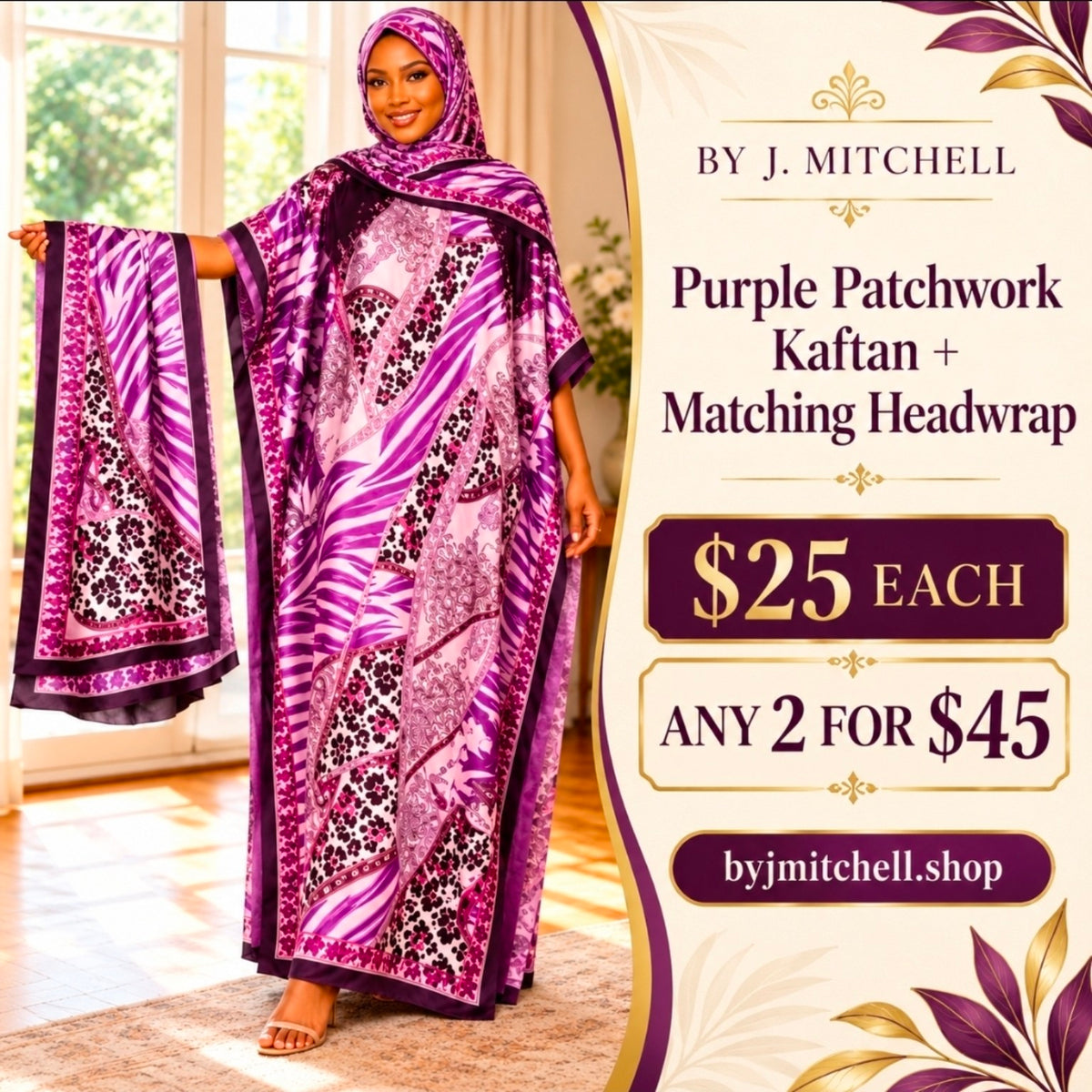 Purple patchwork kaftan and matching headwrap modeled