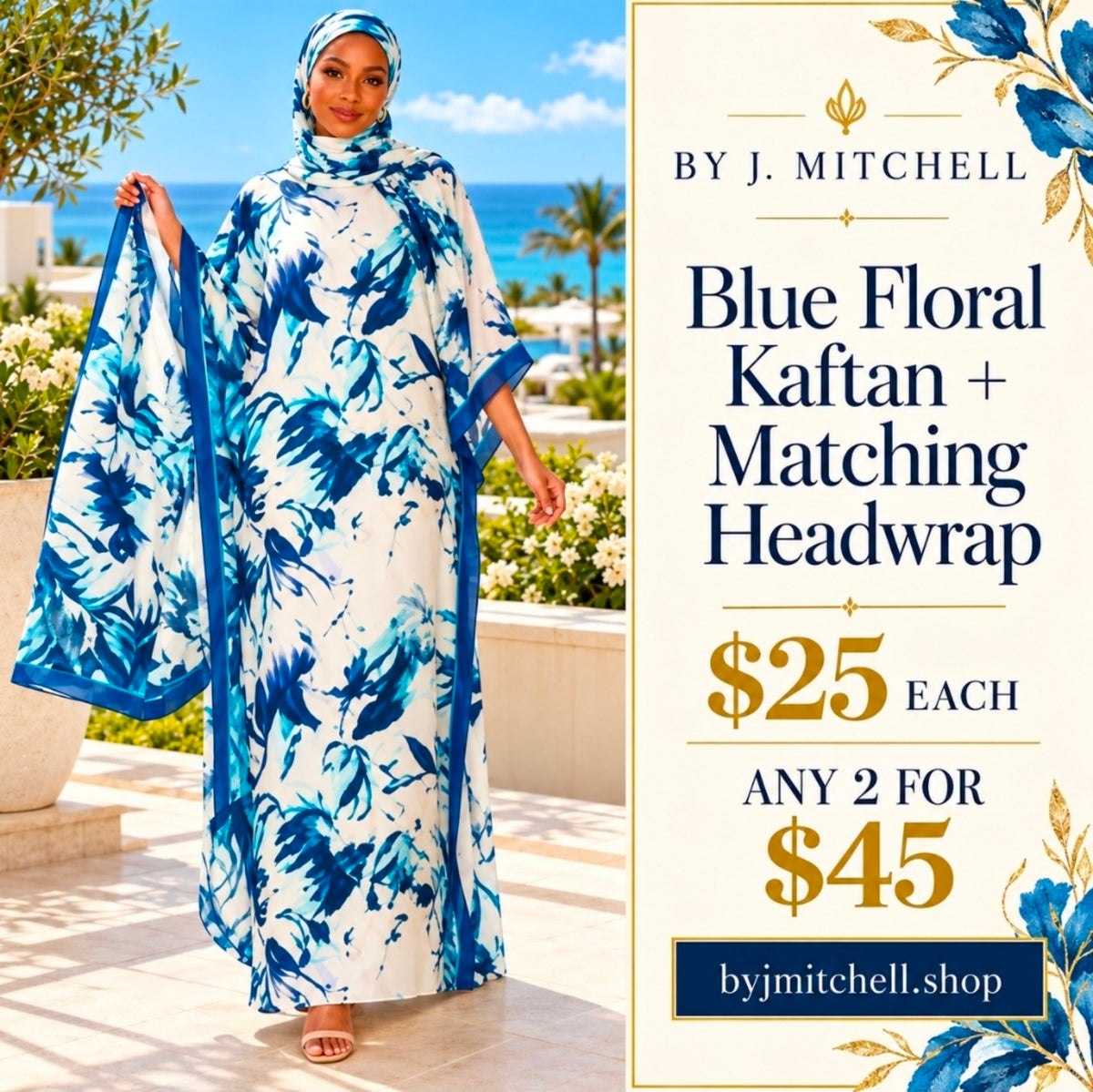 Blue floral kaftan with matching headwrap, $25 each or any 2 for $45