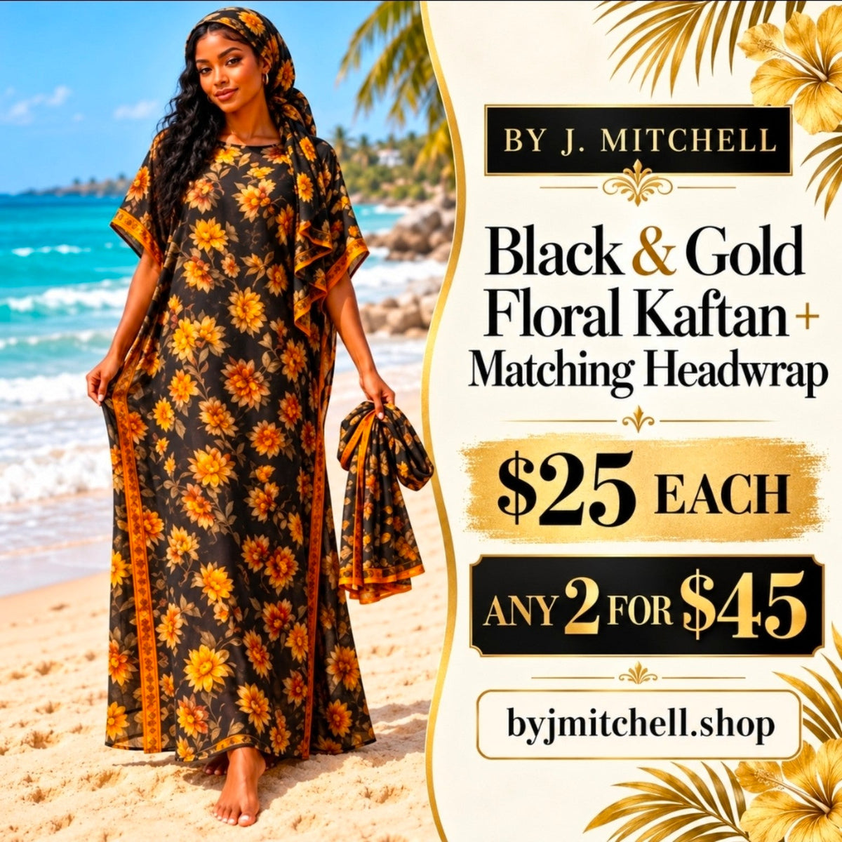 Black and gold floral kaftan with matching headwrap; $25 each or any 2 for $45