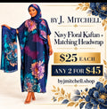 Navy floral kaftan and matching headwrap, $25 each or any 2 for $45