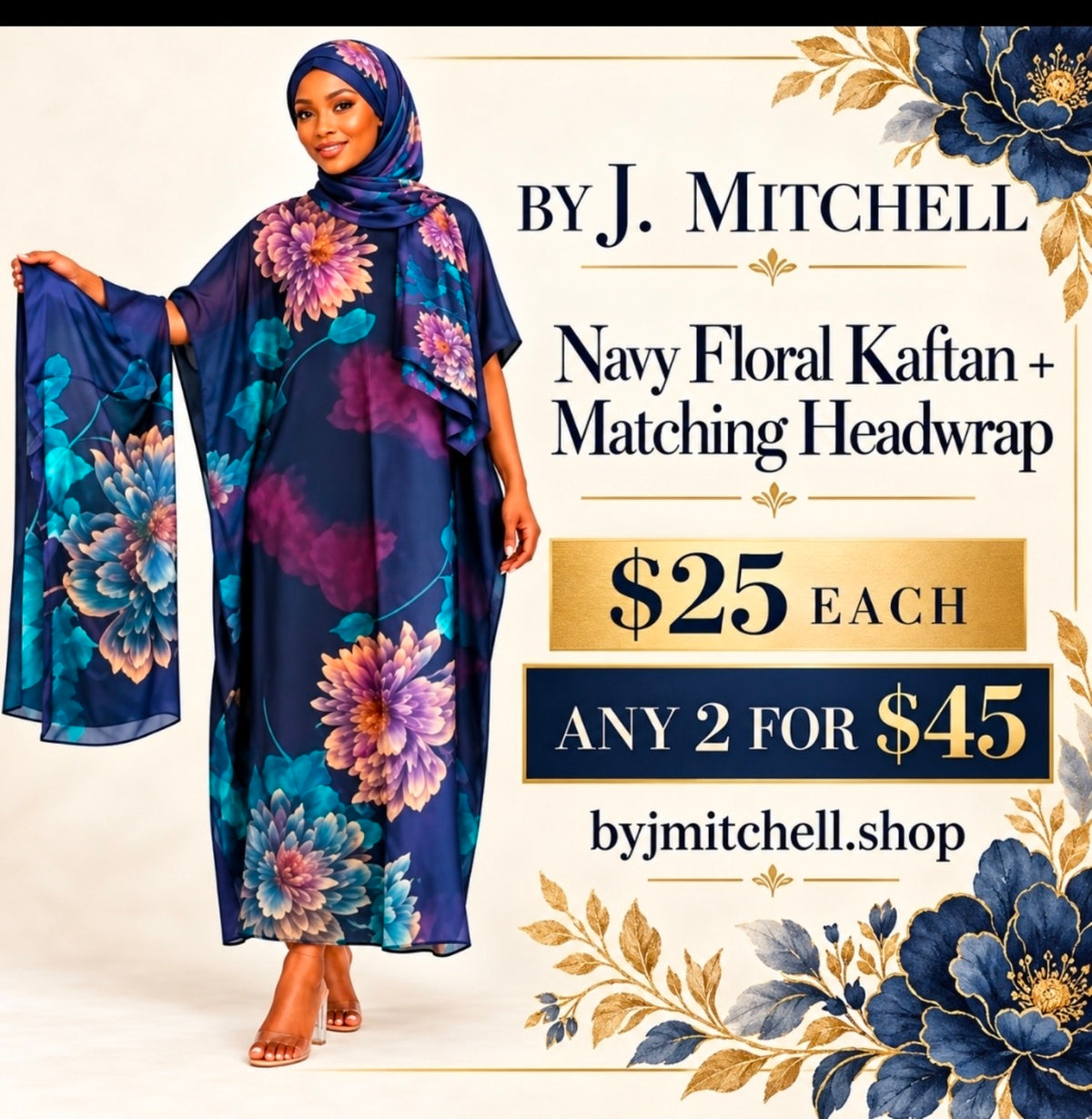 Navy floral kaftan and matching headwrap, $25 each or any 2 for $45