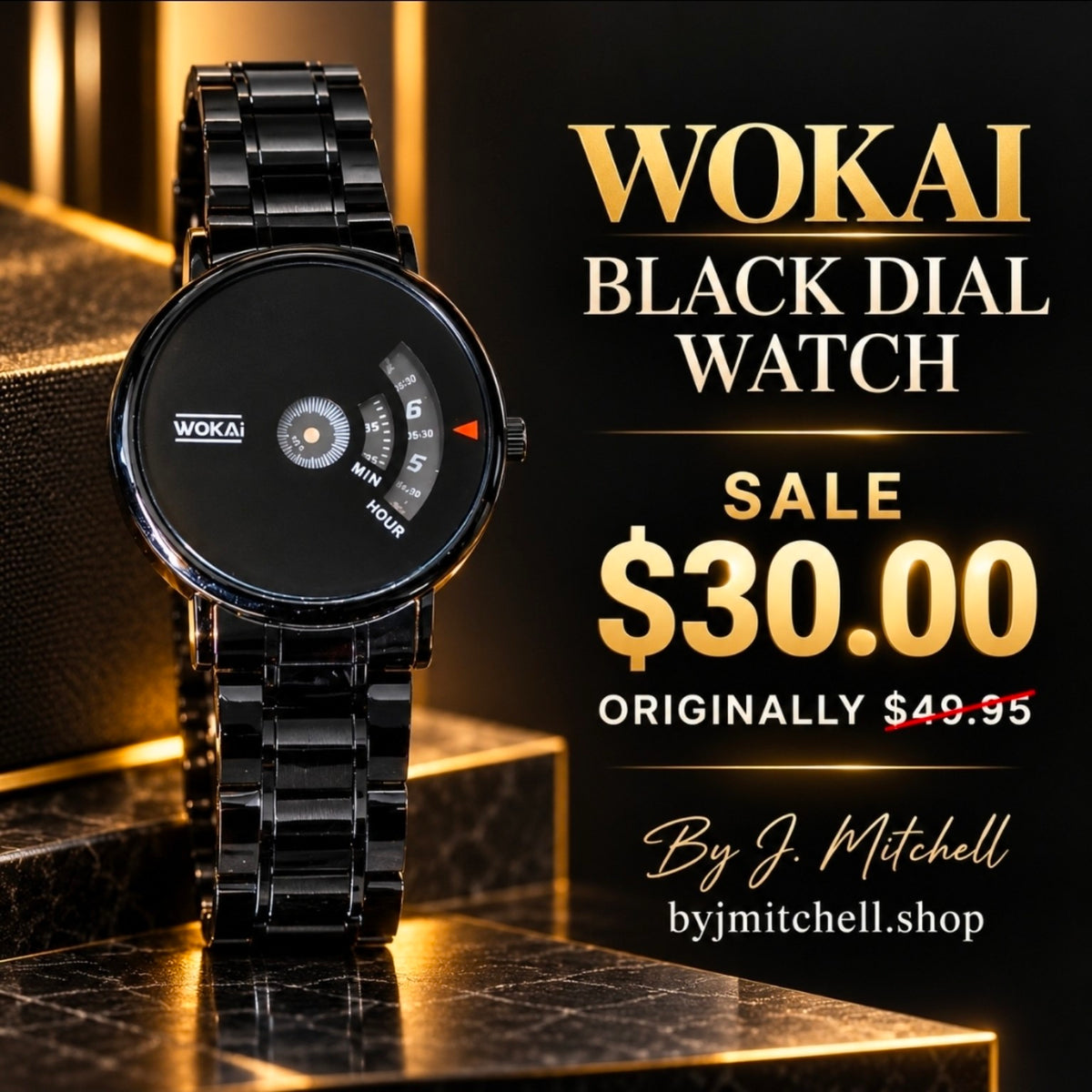 WOKAI black dial watch with black link bracelet
