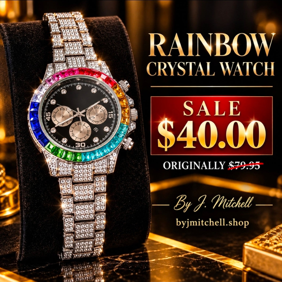 Rainbow crystal watch with black dial and embellished silver-tone bracelet; sale $40, originally $79.95