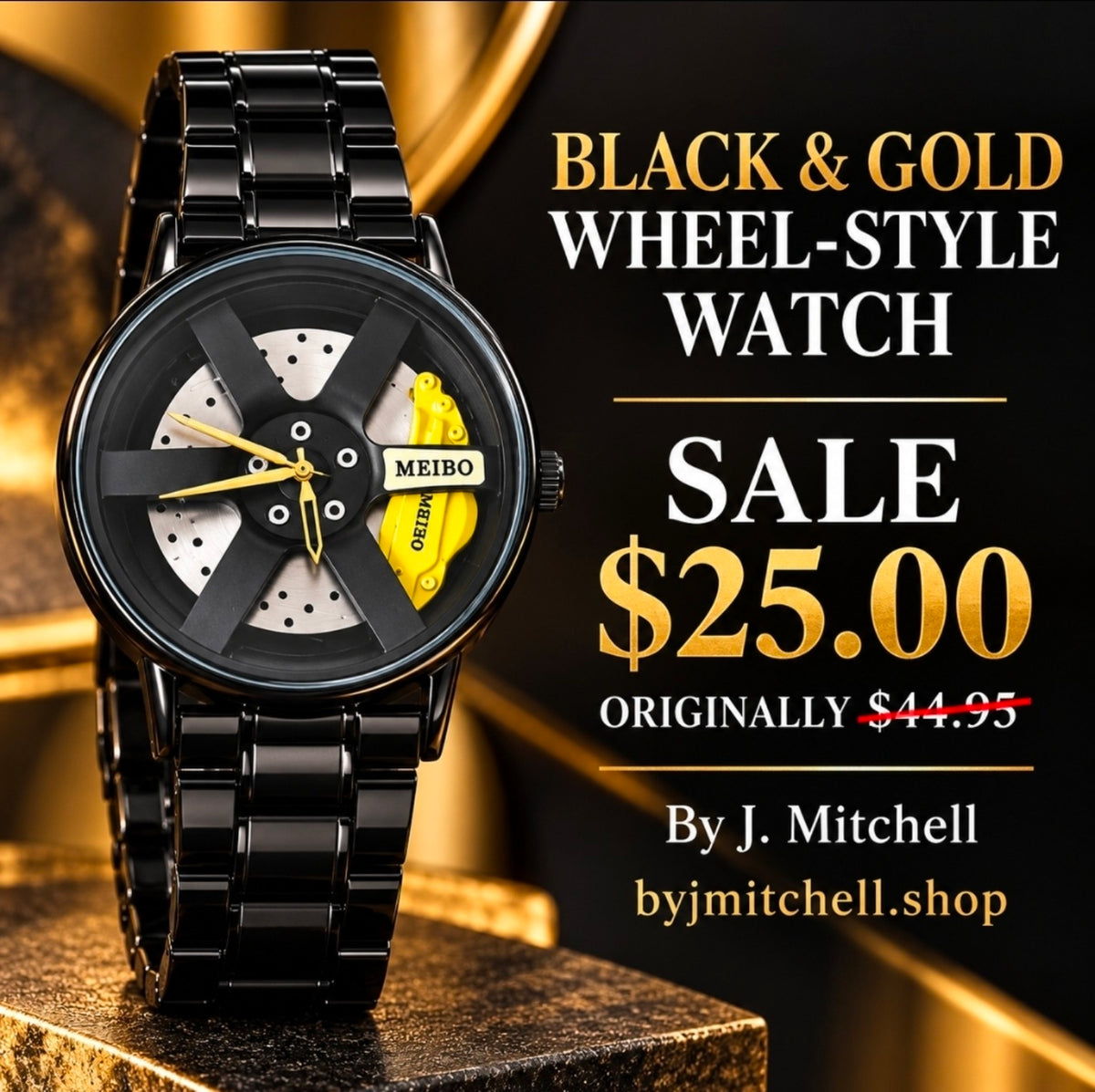 Black wheel-style watch with yellow accent and black bracelet