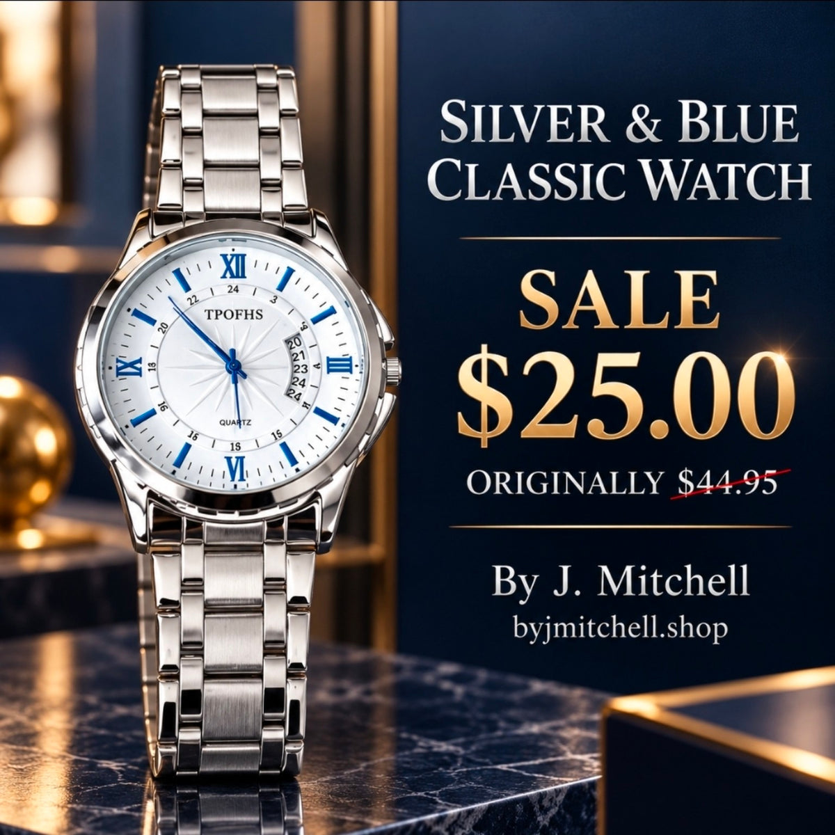 Silver bracelet watch with white dial and blue Roman numeral accents; $25 sale price