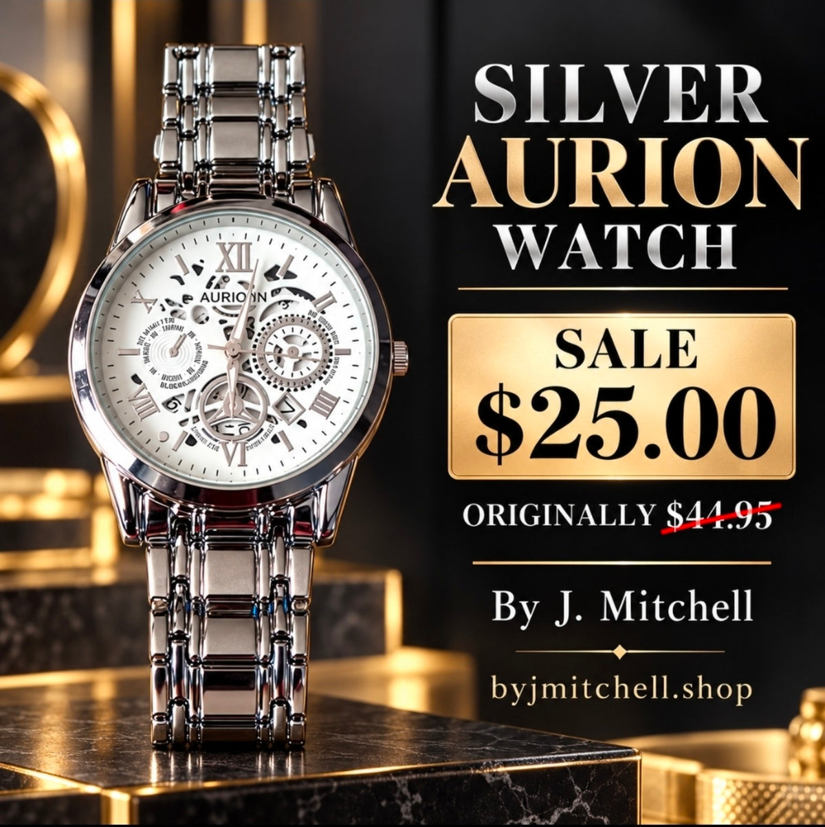 Silver Aurion watch with white dial and metal bracelet