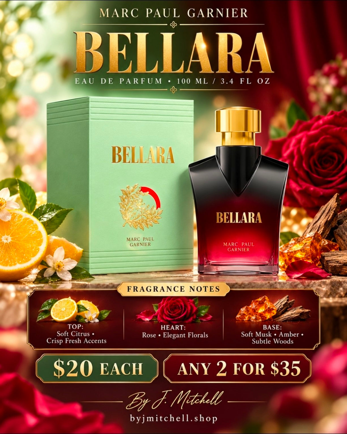 Marc Paul Garnier Bellara Eau de Parfum 100 ml flyer with fragrance notes and store pricing