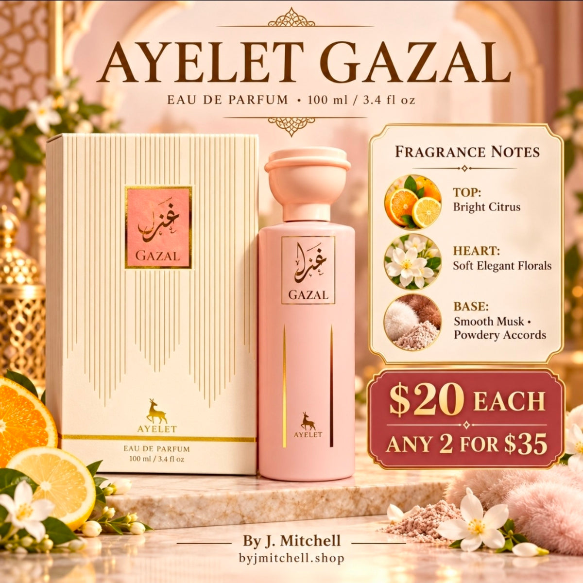 Ayelet Gazal Eau de Parfum flyer showing fragrance notes and offer