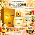 Paris Riviera Eau DeOne Pour Femme 100 ml promotional flyer with fragrance notes and pricing