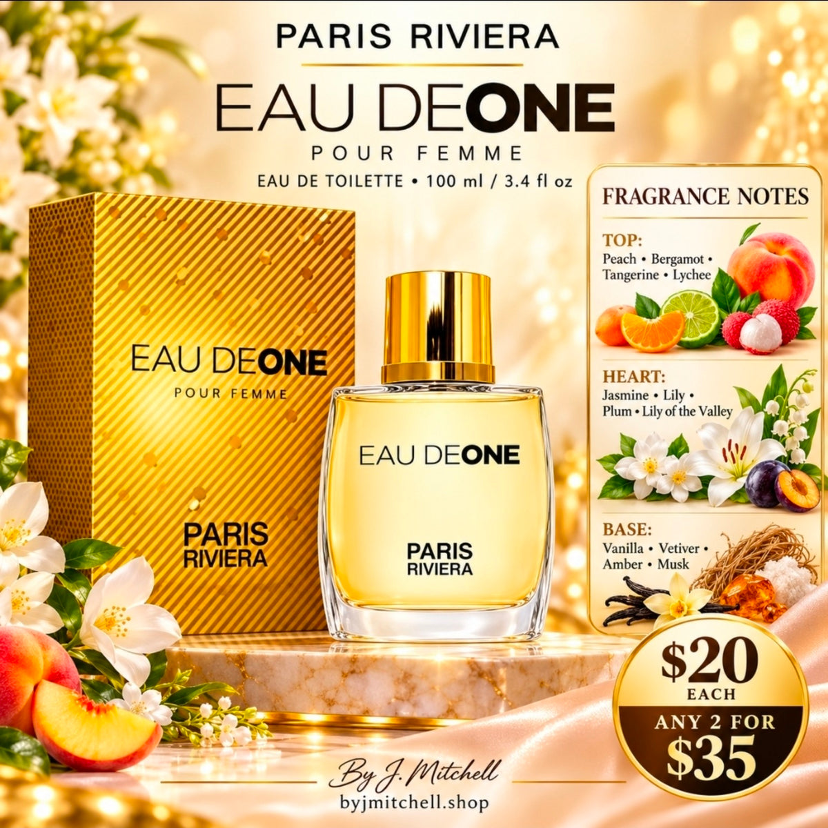 Paris Riviera Eau DeOne Pour Femme 100 ml promotional flyer with fragrance notes and pricing