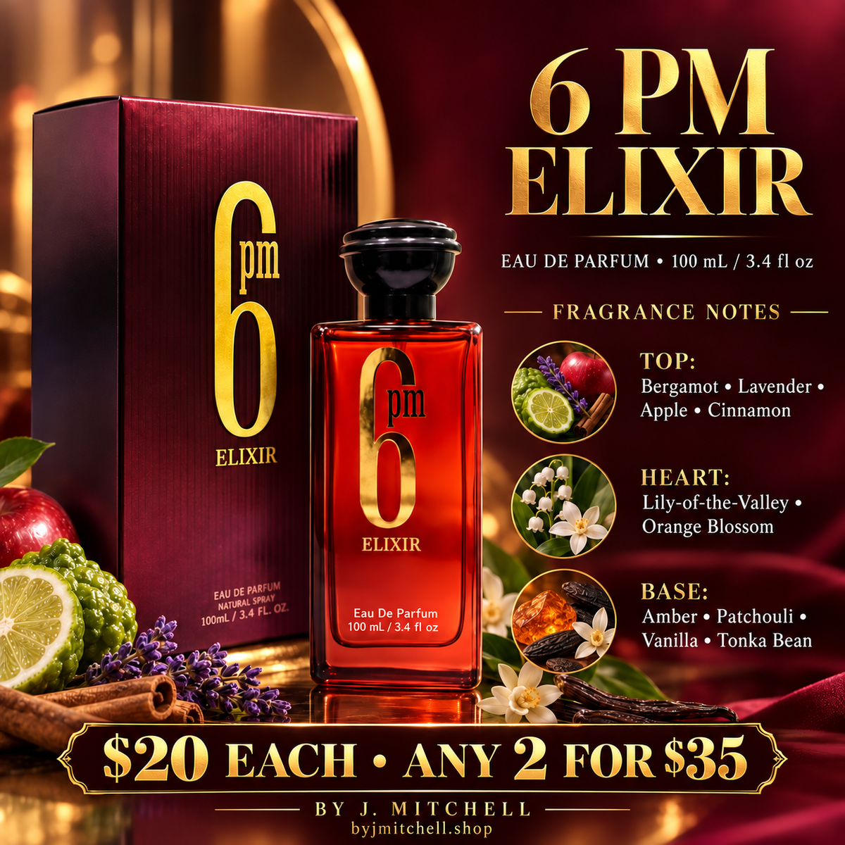 6 PM Elixir Eau de Parfum notes and By J. Mitchell offer