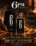 6PM Ebony Eau de Parfum for Men by By J. Mitchell, black bottle and box, $20 each or any 2 for $35