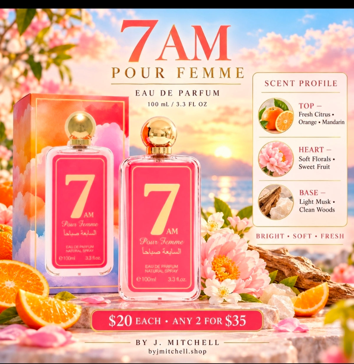 7 AM Pour Femme Eau de Parfum, 100 mL, with fresh citrus, soft floral fruit, light musk and clean woods scent profile