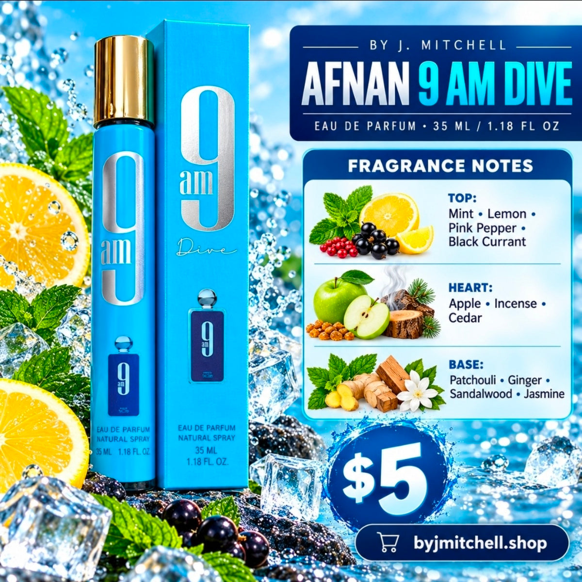 Afnan 9 AM Dive 35 ml travel spray with fragrance notes, $5, By J. Mitchell