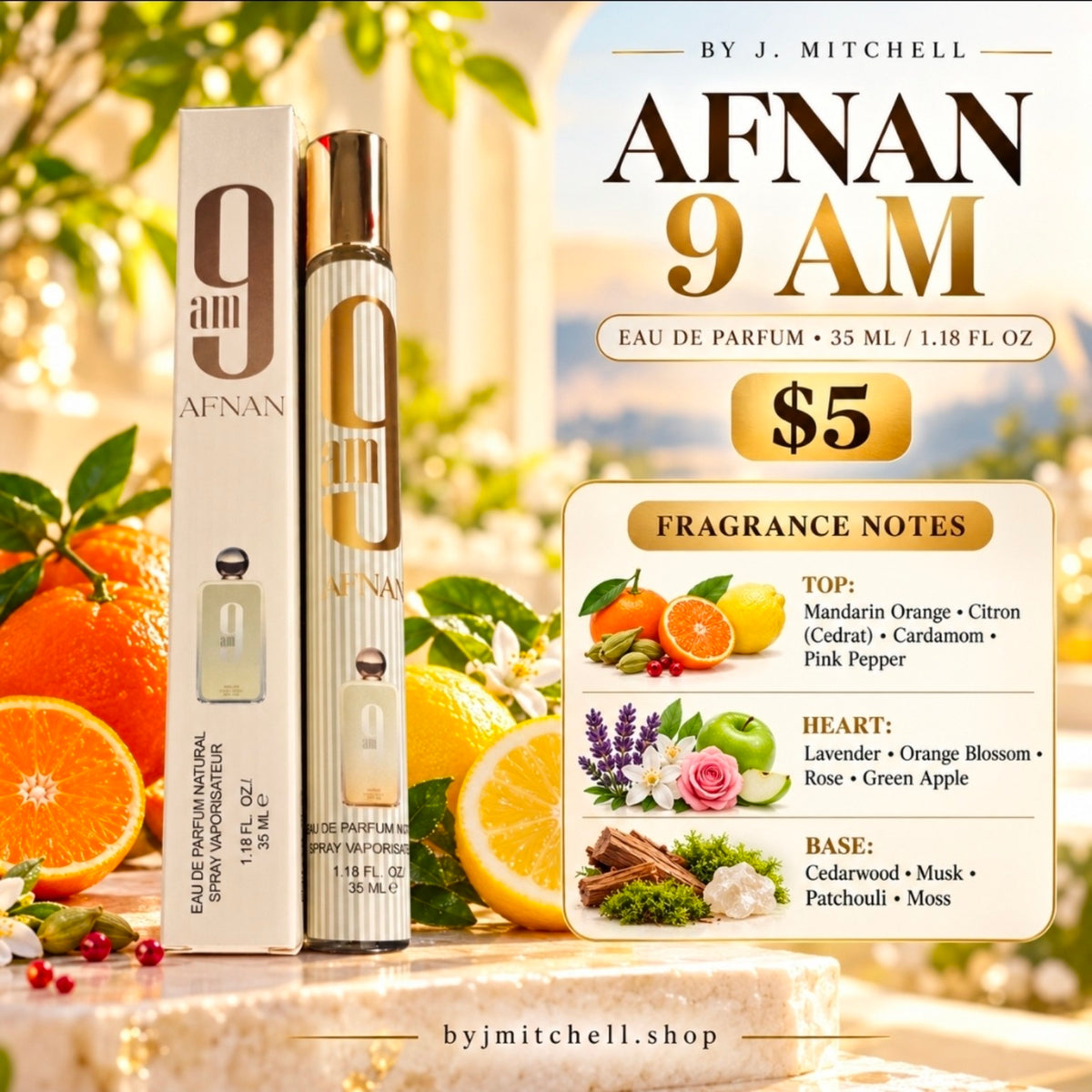 Afnan 9 AM Eau de Parfum 35 ml travel spray promotional image with fragrance notes