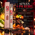 Afnan 9 PM Rebel travel spray promo image with fragrance notes and $5 price
