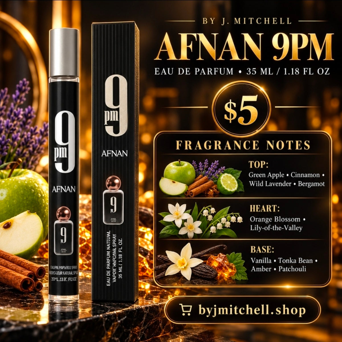 Afnan 9PM 35 ml travel spray, $5, with fragrance notes and byjmitchell.shop branding