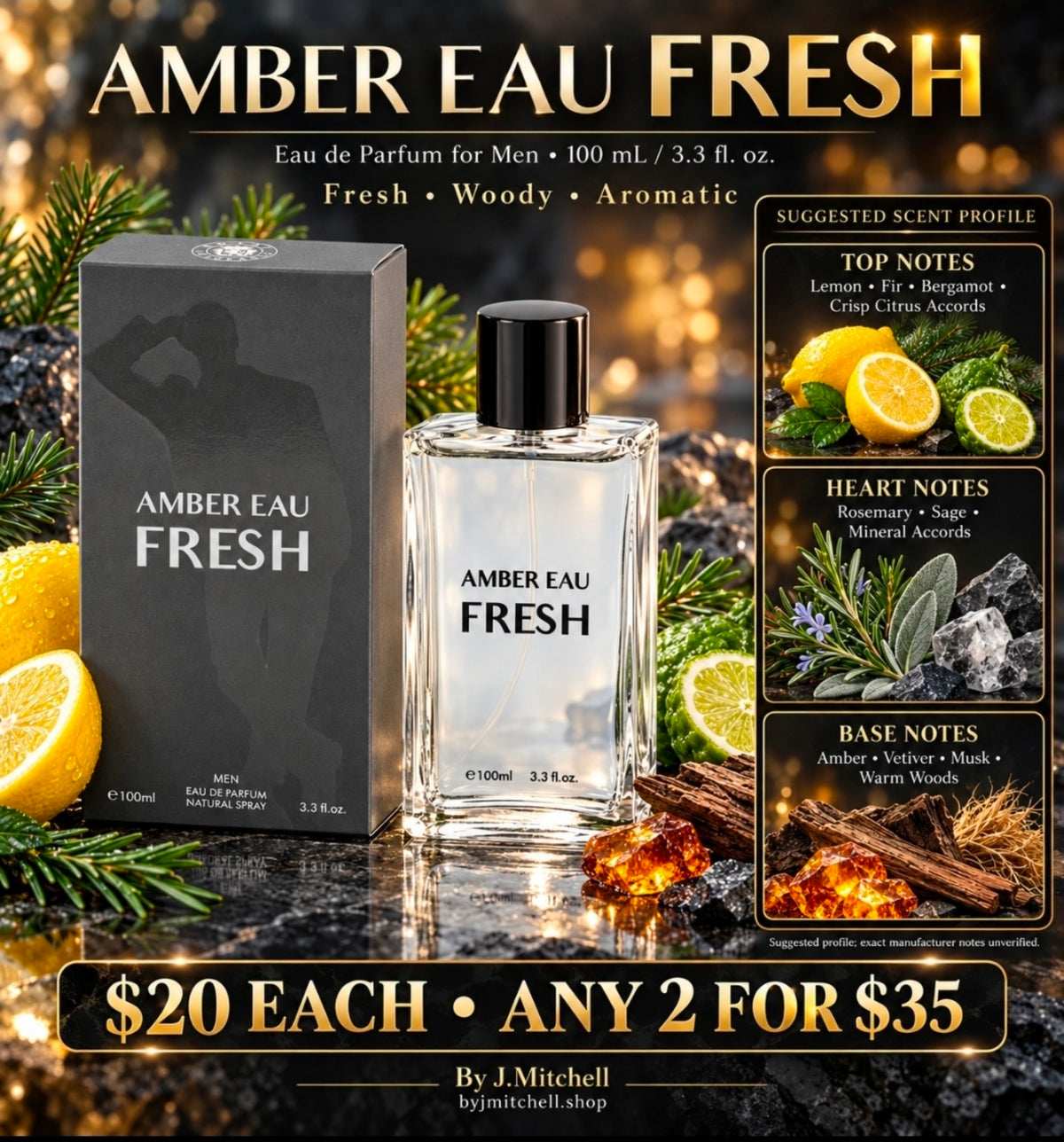 Amber Eau Fresh with suggested notes and By J.Mitchell pricing