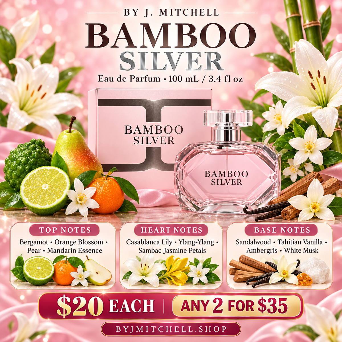 Bamboo Silver Eau de Parfum sale graphic with citrus floral woody notes and By J. Mitchell pricing