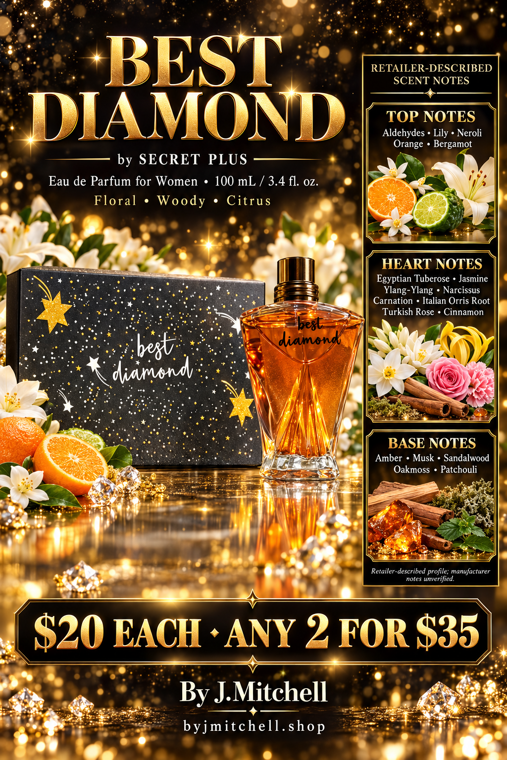 Best Diamond 100mL by Secret Plus with retailer-described fragrance notes and By J.Mitchell pricing