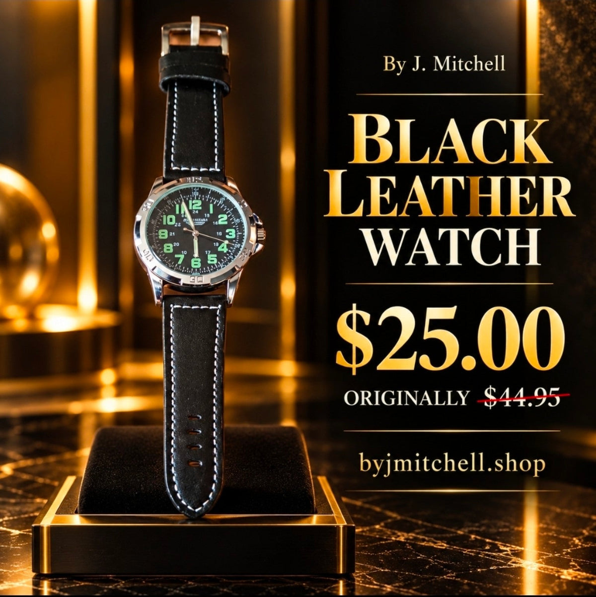 Black leather strap watch — $25 sale, originally $44.95