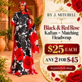Black, white and red rose kaftan with matching headwrap