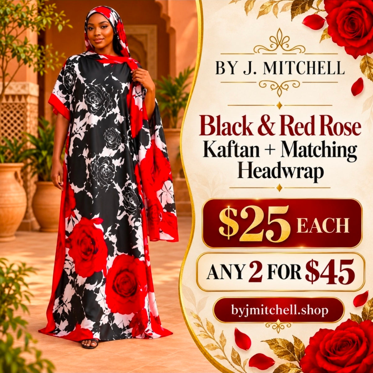 Black, white and red rose kaftan with matching headwrap