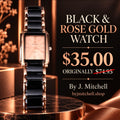 Rectangular watch with black center links and rose-gold-tone accents, sale $35