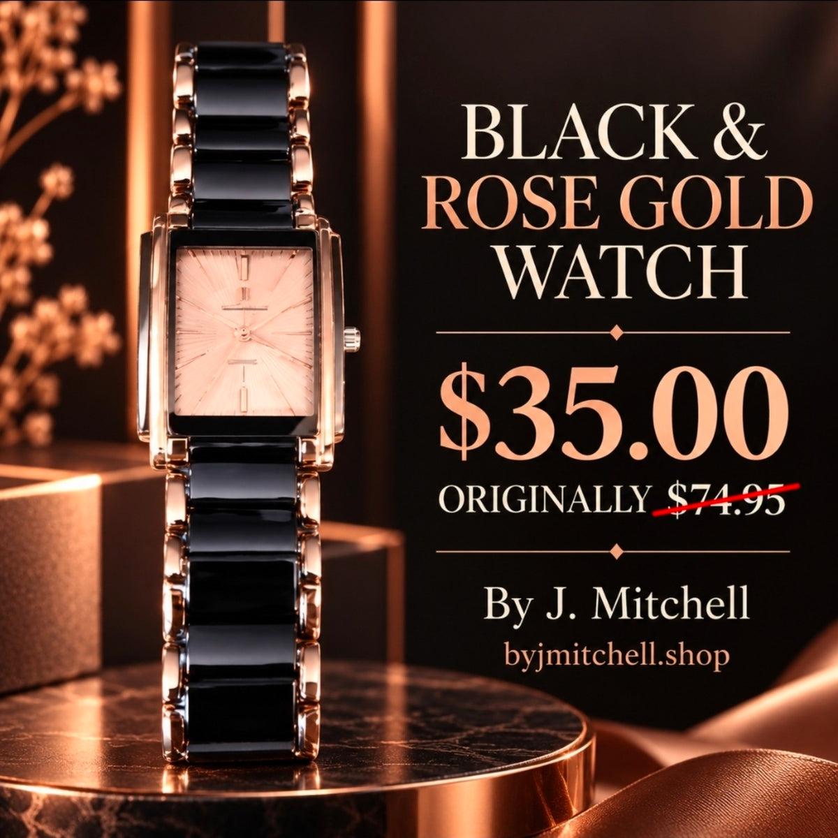 Rectangular watch with black center links and rose-gold-tone accents, sale $35