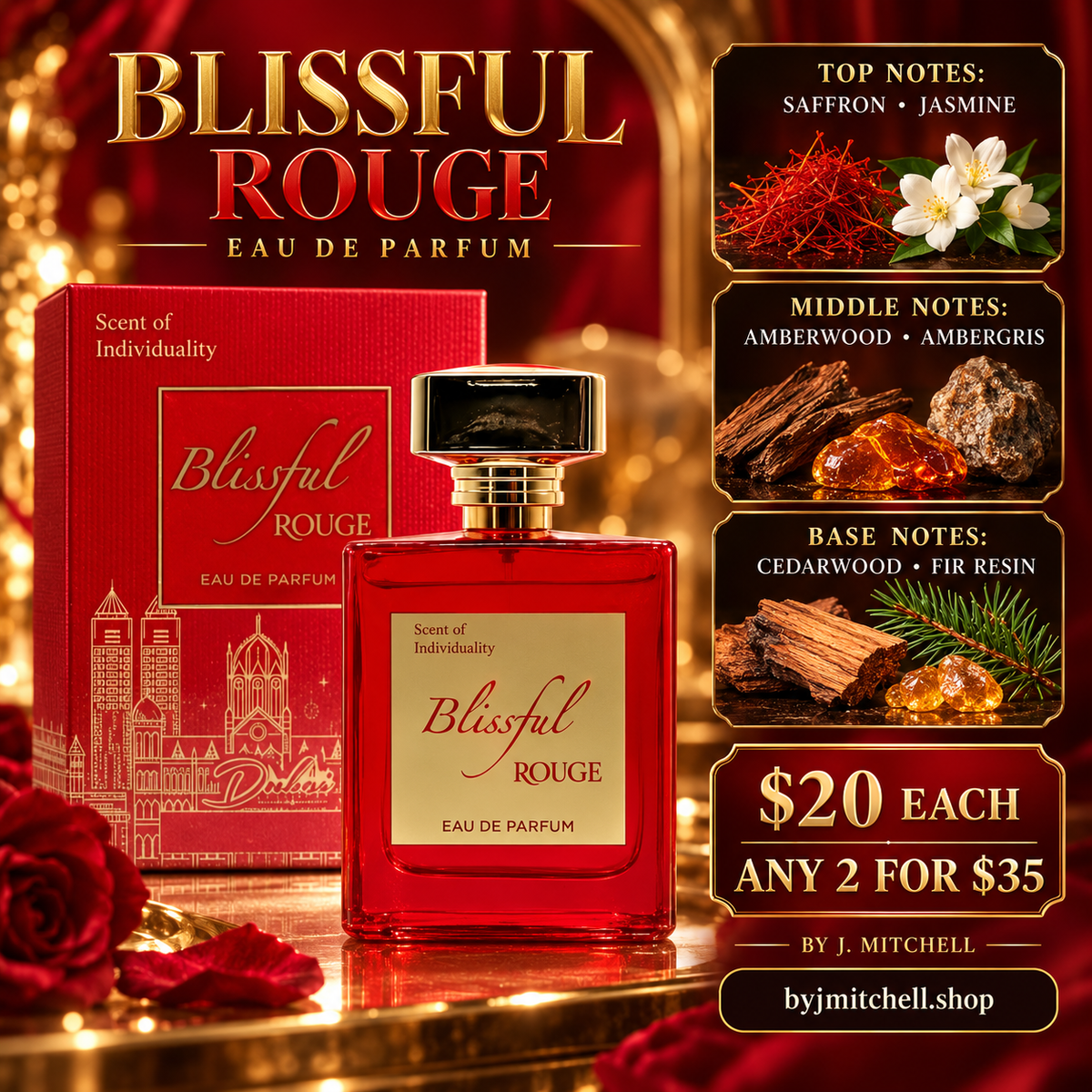 Blissful Rouge Eau de Parfum promotional image with fragrance notes