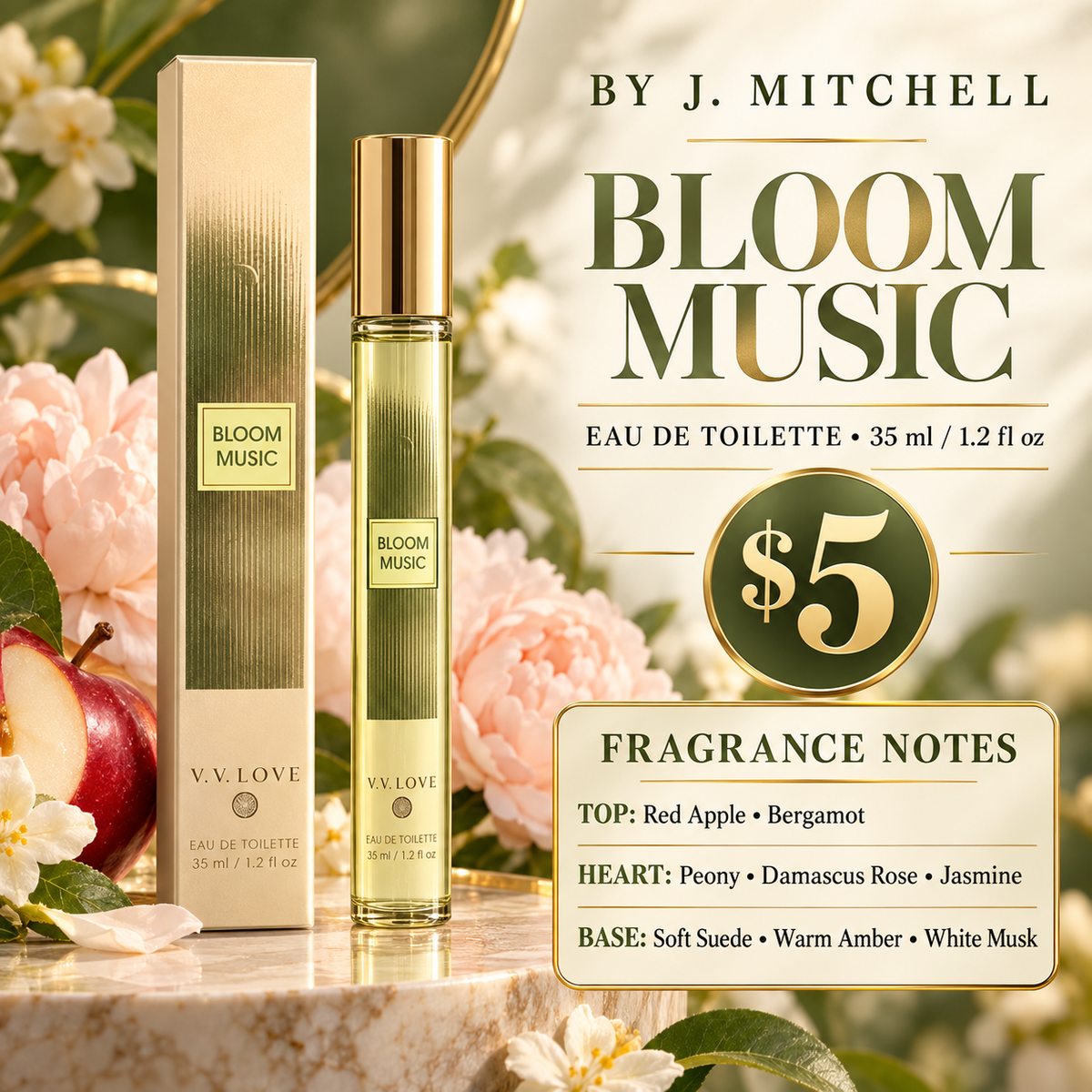 Bloom Music V.V. LOVE Eau de Toilette 35 ml travel spray with fragrance notes and $5 price