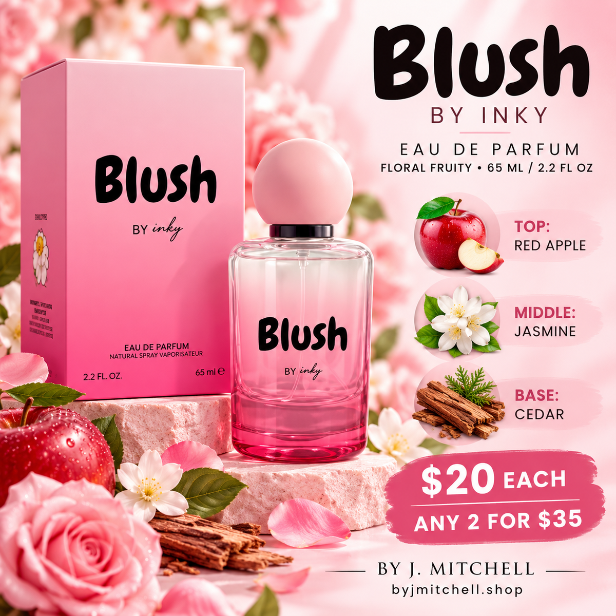 Blush by Inky Eau de Parfum promo with red apple, jasmine, and cedar notes