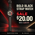 Black strap watch with dark segmented dial and red accents