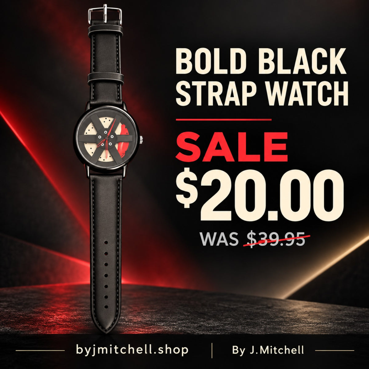 Black strap watch with dark segmented dial and red accents