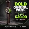 Bold segmented dial watch with brown strap