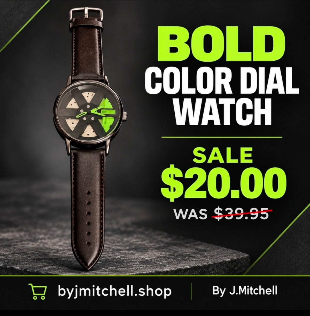 Bold segmented dial watch with brown strap